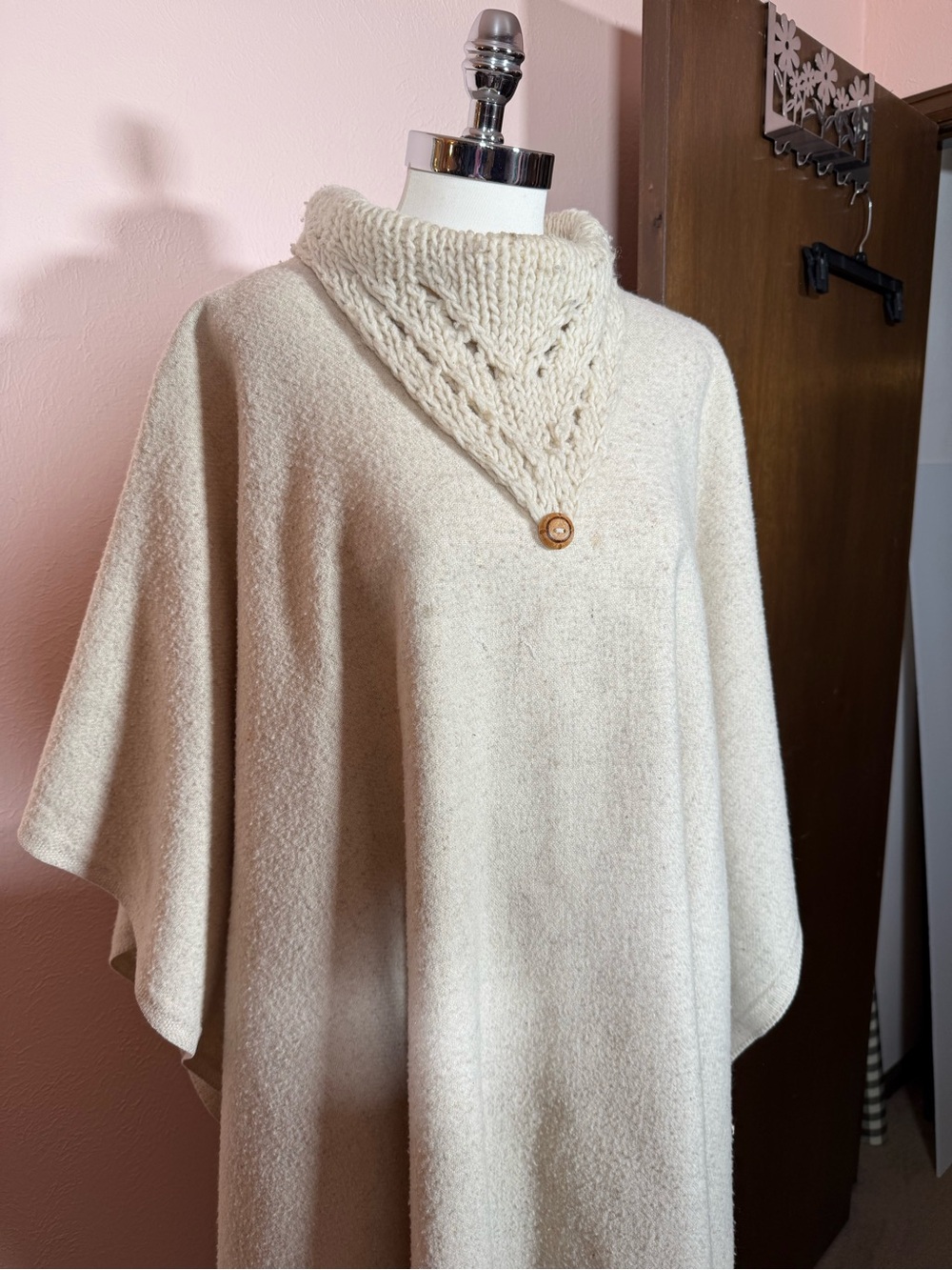 Vintage oatmeal wool blanket funnel neck poncho with fringe Cape